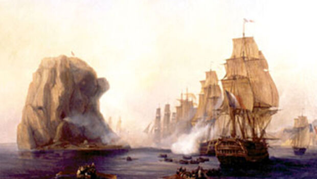 La flotte française avec le capitaine Cosmao-Kerjulien attaquant le rocher du Diamant 
